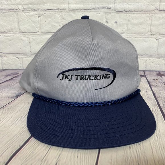 Vintage Hat Cap Snapback Gray Navy Blue Bill JKJ Trucking Rope Embroidered Logo - Picture 5 of 10